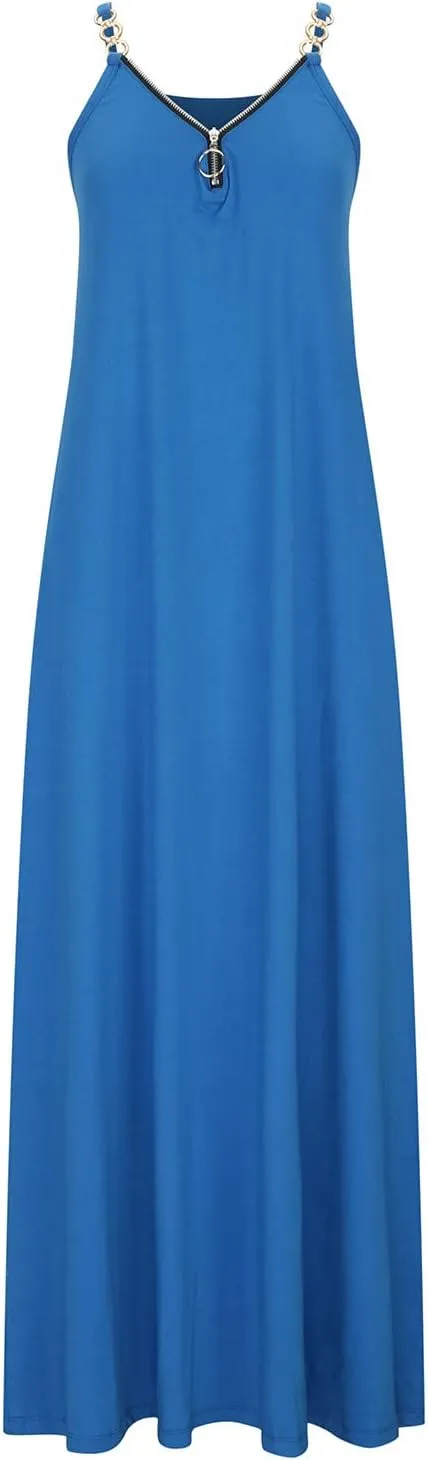 Binmer Summer Sun Dresses for Women 2024 Casual Boho Solid Color Ring Straps Zipper V Neck Beach Long Maxi Dress with Pockets