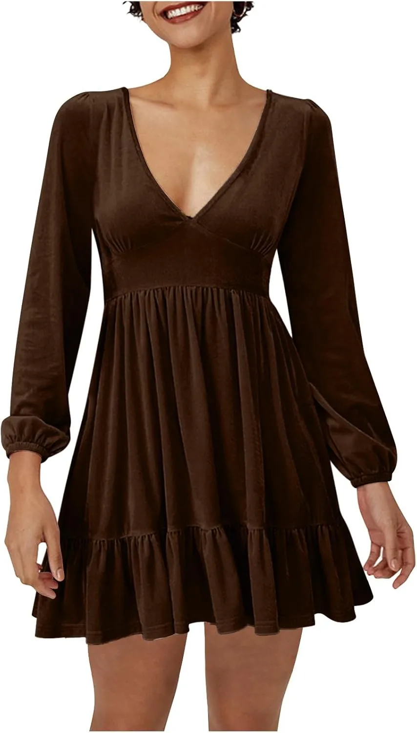 Binmer Women's 2024 Velvet Tunic Dress Casual Long Sleeve V Neck Ruffle Tiered Loose Flowy Swing Party Mini Short Dresses