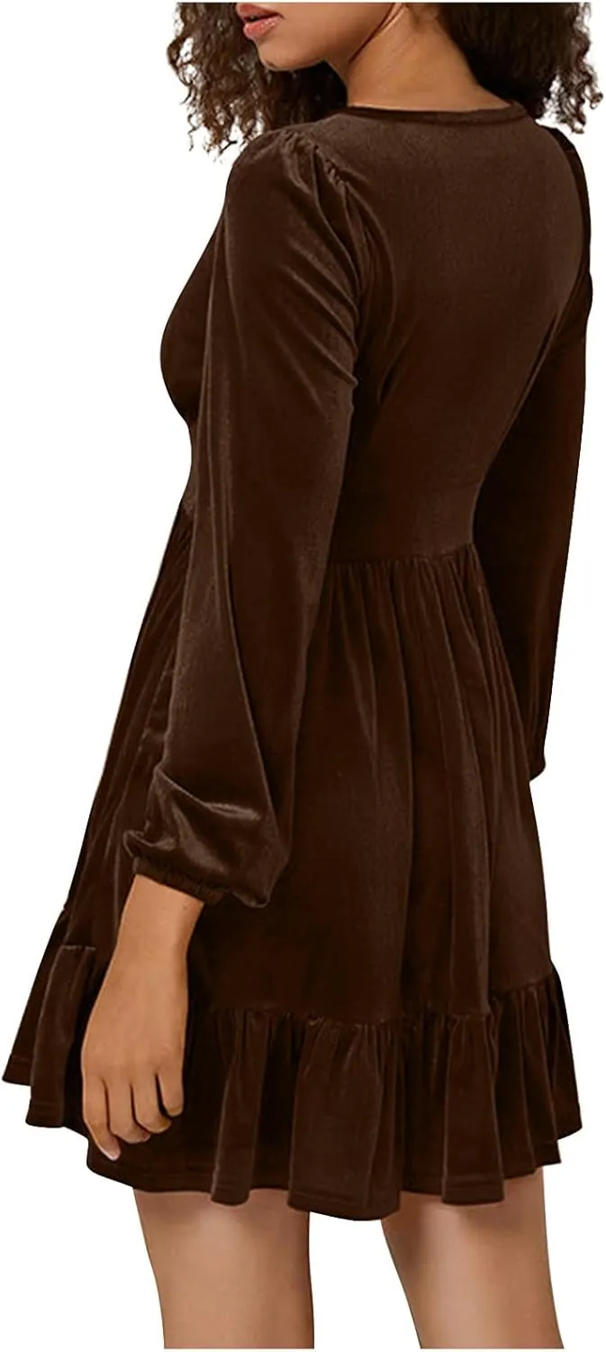 Binmer Women's 2024 Velvet Tunic Dress Casual Long Sleeve V Neck Ruffle Tiered Loose Flowy Swing Party Mini Short Dresses