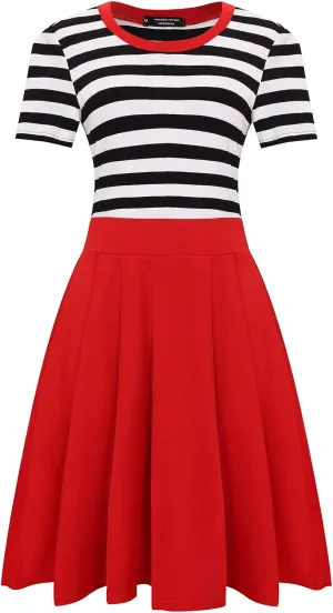 BI.TENCON Women's Striped Pleated Casual A-Line Dresses Knee Length with Pockets