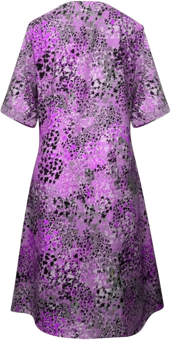 Boho Dress for Womens Plus Size Bohemian Midi Dresses Casual Loose V-Neck Short Sleeve Floral Print Beach Dress