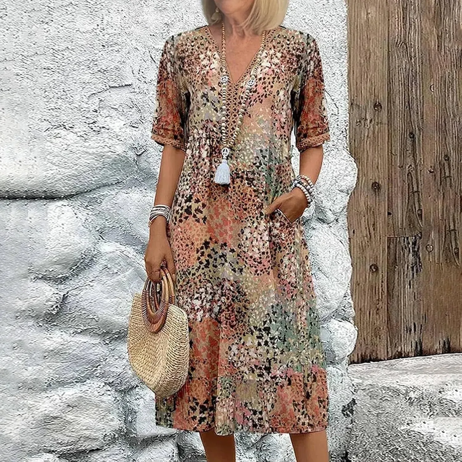 Boho Dress for Womens Plus Size Bohemian Midi Dresses Casual Loose V-Neck Short Sleeve Floral Print Beach Dress