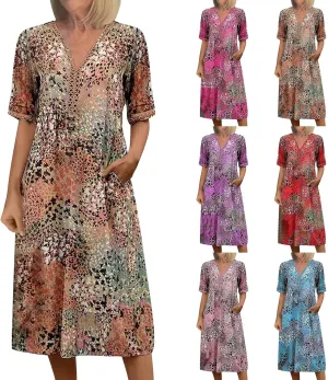 Boho Dress for Womens Plus Size Bohemian Midi Dresses Casual Loose V-Neck Short Sleeve Floral Print Beach Dress