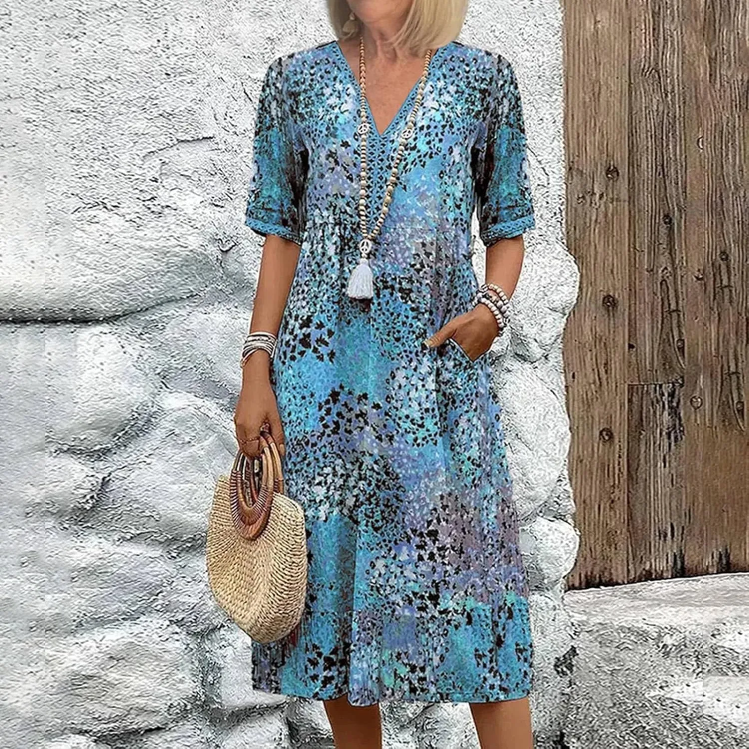 Boho Dress for Womens Plus Size Bohemian Midi Dresses Casual Loose V-Neck Short Sleeve Floral Print Beach Dress
