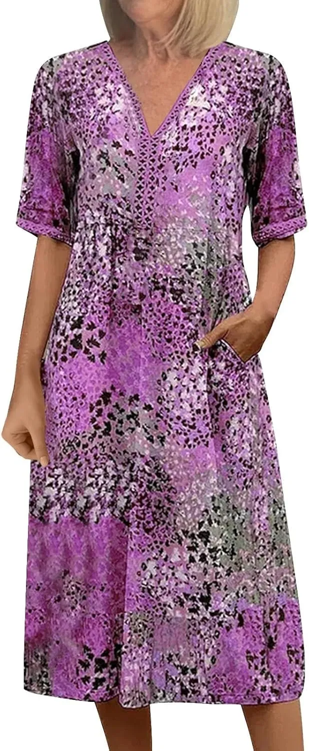 Boho Dress for Womens Plus Size Bohemian Midi Dresses Casual Loose V-Neck Short Sleeve Floral Print Beach Dress