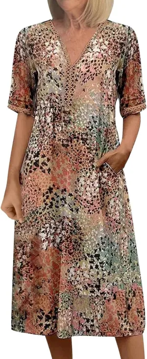 Boho Dress for Womens Plus Size Bohemian Midi Dresses Casual Loose V-Neck Short Sleeve Floral Print Beach Dress