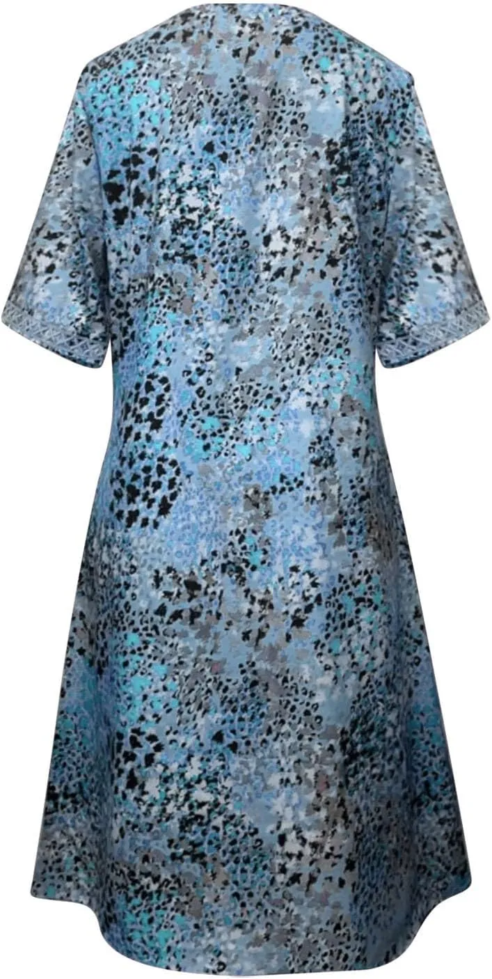 Boho Dress for Womens Plus Size Bohemian Midi Dresses Casual Loose V-Neck Short Sleeve Floral Print Beach Dress