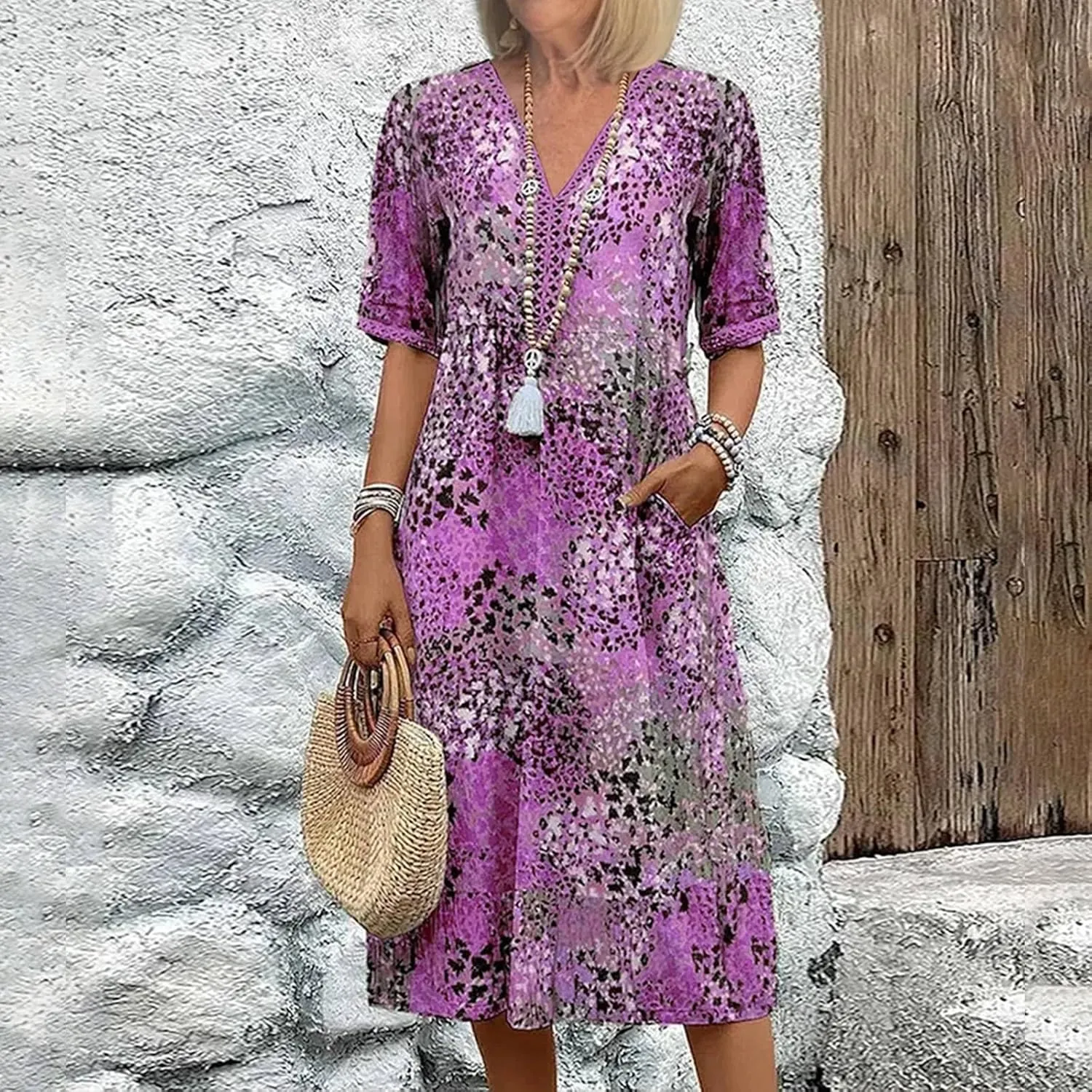 Boho Dress for Womens Plus Size Bohemian Midi Dresses Casual Loose V-Neck Short Sleeve Floral Print Beach Dress