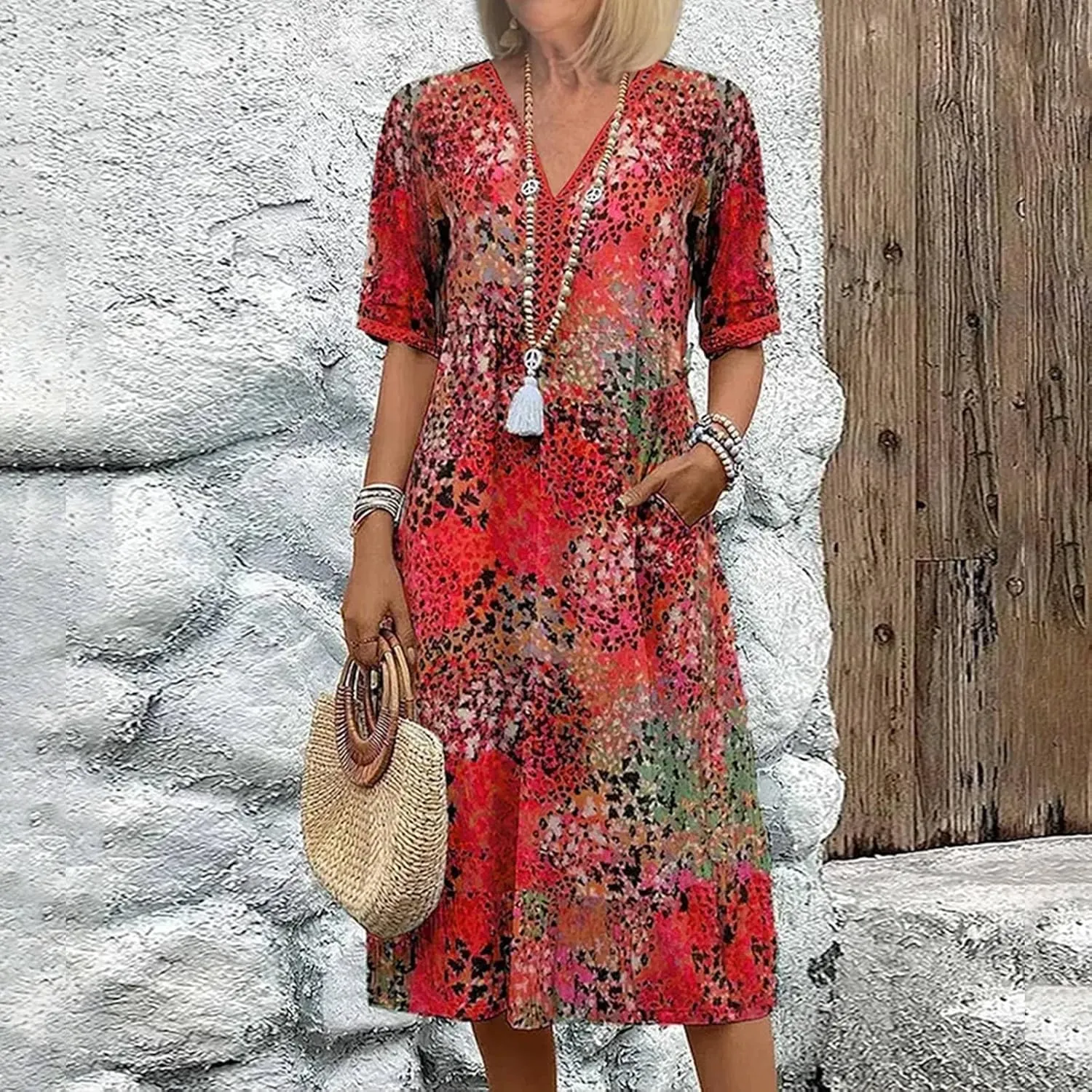 Boho Dress for Womens Plus Size Bohemian Midi Dresses Casual Loose V-Neck Short Sleeve Floral Print Beach Dress