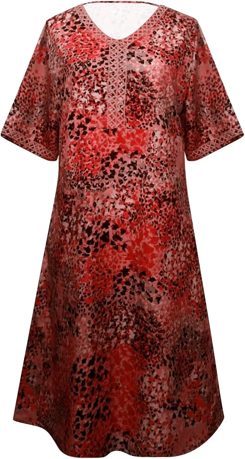 Boho Dress for Womens Plus Size Bohemian Midi Dresses Casual Loose V-Neck Short Sleeve Floral Print Beach Dress