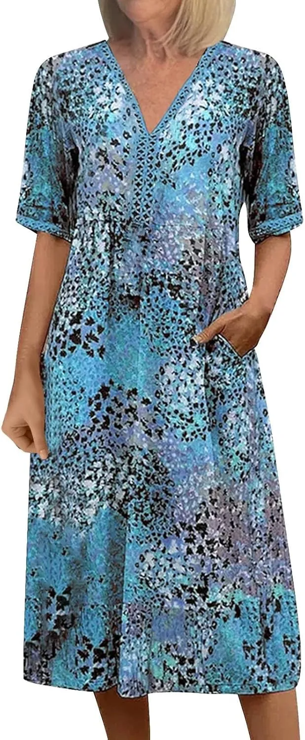 Boho Dress for Womens Plus Size Bohemian Midi Dresses Casual Loose V-Neck Short Sleeve Floral Print Beach Dress