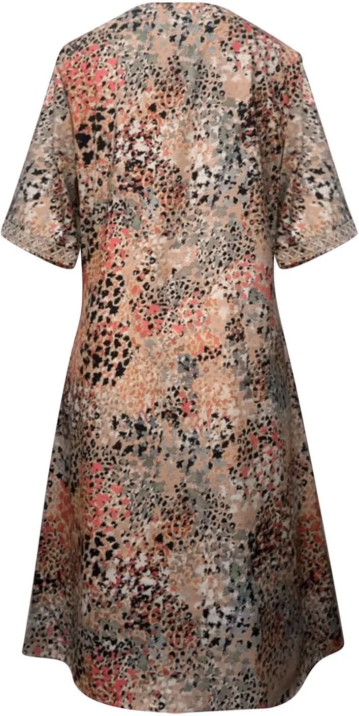 Boho Dress for Womens Plus Size Bohemian Midi Dresses Casual Loose V-Neck Short Sleeve Floral Print Beach Dress