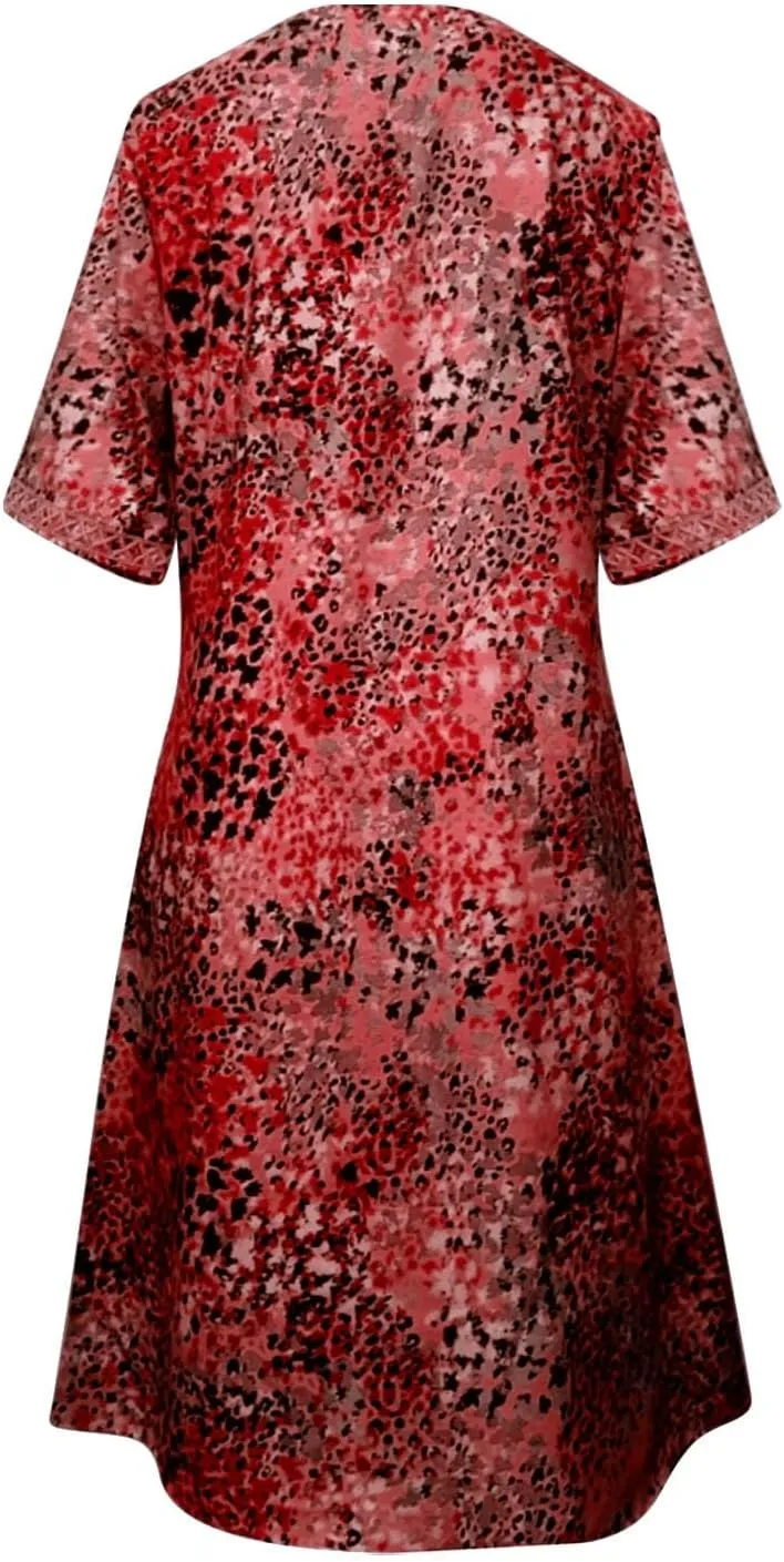 Boho Dress for Womens Plus Size Bohemian Midi Dresses Casual Loose V-Neck Short Sleeve Floral Print Beach Dress