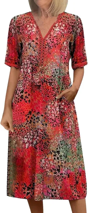 Boho Dress for Womens Plus Size Bohemian Midi Dresses Casual Loose V-Neck Short Sleeve Floral Print Beach Dress