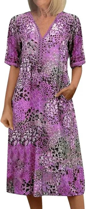 Boho Dress for Womens Plus Size Bohemian Midi Dresses Casual Loose V-Neck Short Sleeve Floral Print Beach Dress