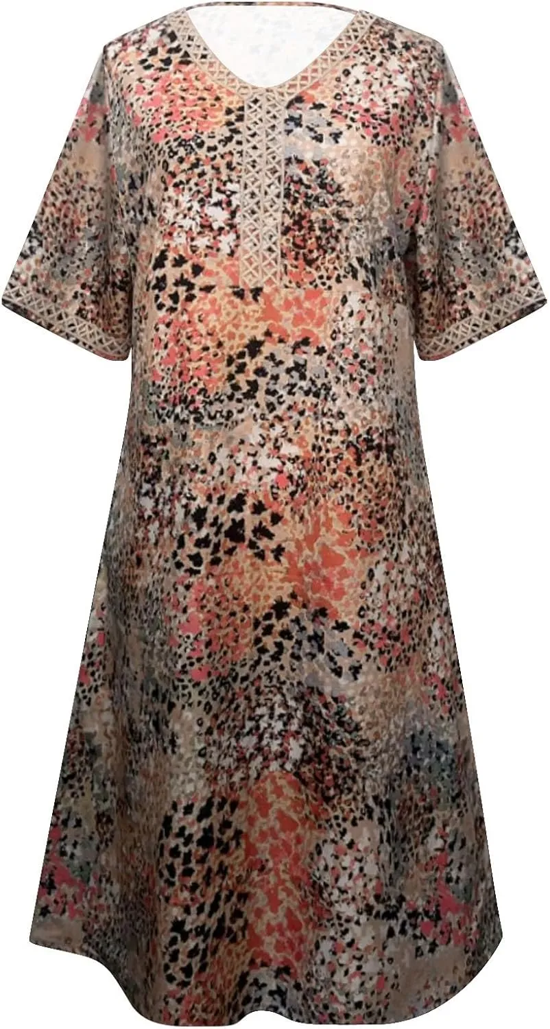 Boho Dress for Womens Plus Size Bohemian Midi Dresses Casual Loose V-Neck Short Sleeve Floral Print Beach Dress