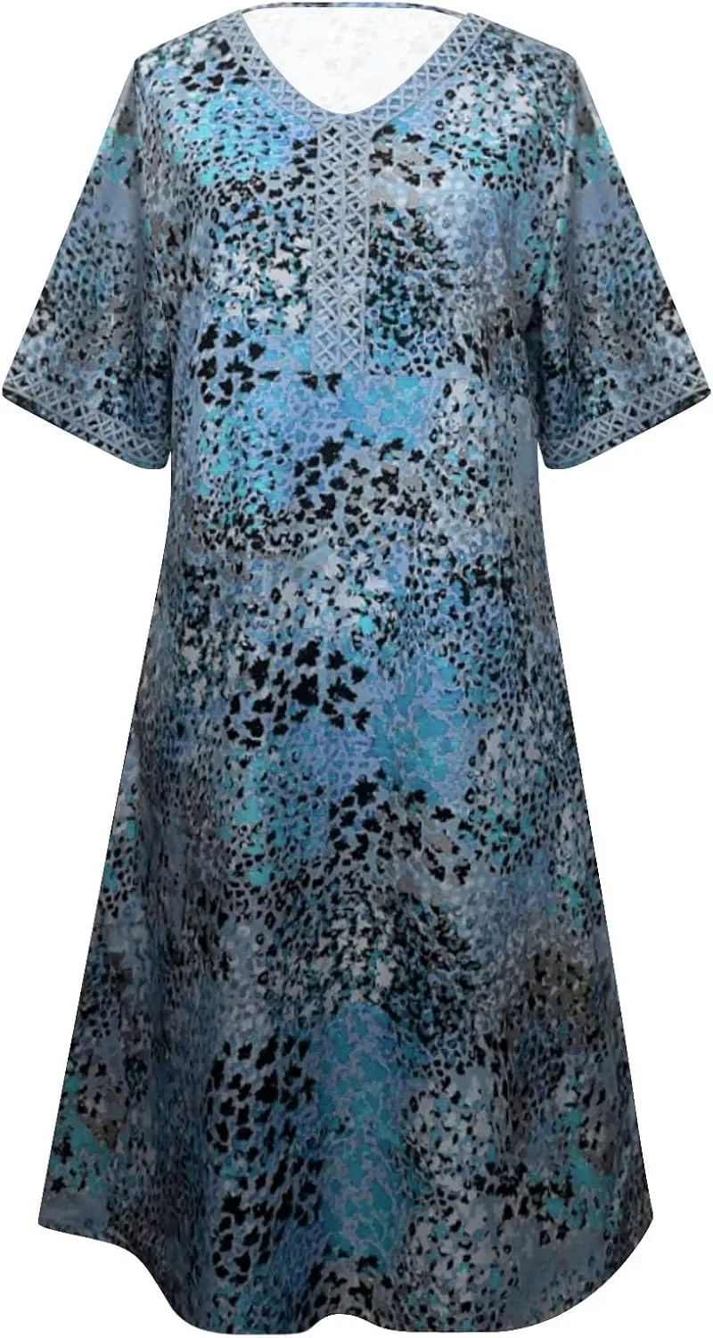Boho Dress for Womens Plus Size Bohemian Midi Dresses Casual Loose V-Neck Short Sleeve Floral Print Beach Dress