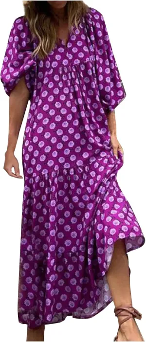Boho Maxi Dresses for Women 2025 Casual Loose Fit Puff Sleeve Long Bohemian Dress Geometric V Neck Tiered Flowy Dress