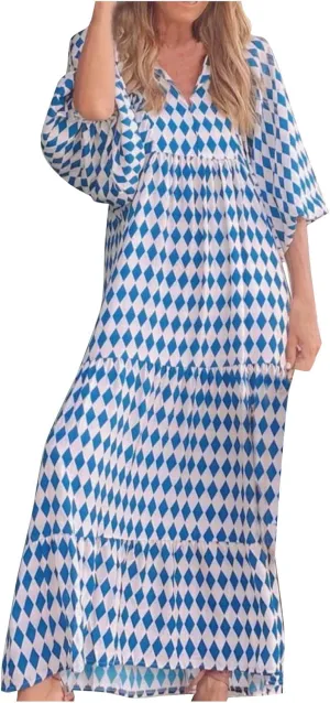 Boho Maxi Dresses for Women 2025 Casual Loose Fit Puff Sleeve Long Bohemian Dress Geometric V Neck Tiered Flowy Dress