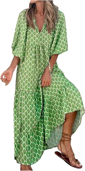 Boho Maxi Dresses for Women 2025 Casual Loose Fit Puff Sleeve Long Bohemian Dress Geometric V Neck Tiered Flowy Dress