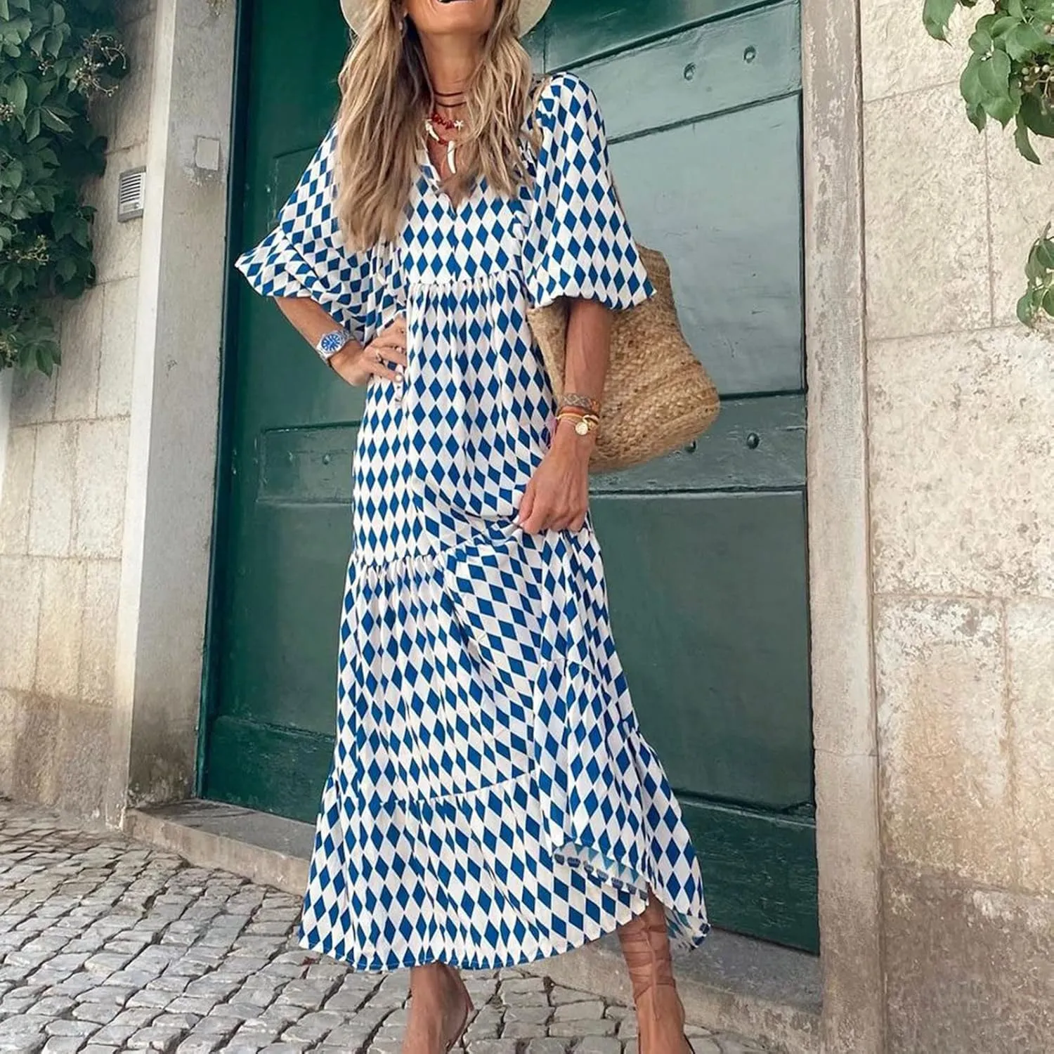 Boho Maxi Dresses for Women 2025 Casual Loose Fit Puff Sleeve Long Bohemian Dress Geometric V Neck Tiered Flowy Dress
