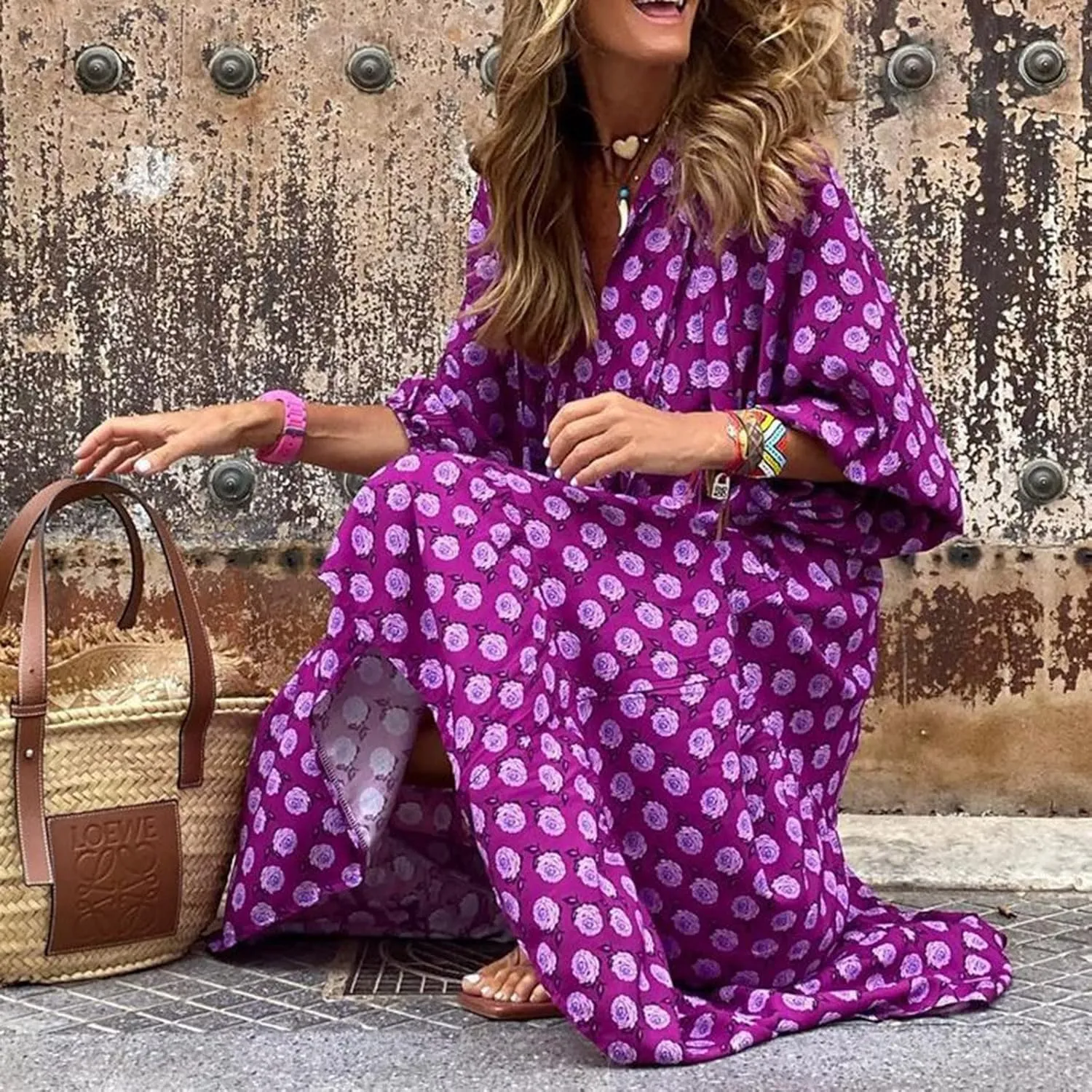 Boho Maxi Dresses for Women 2025 Casual Loose Fit Puff Sleeve Long Bohemian Dress Geometric V Neck Tiered Flowy Dress