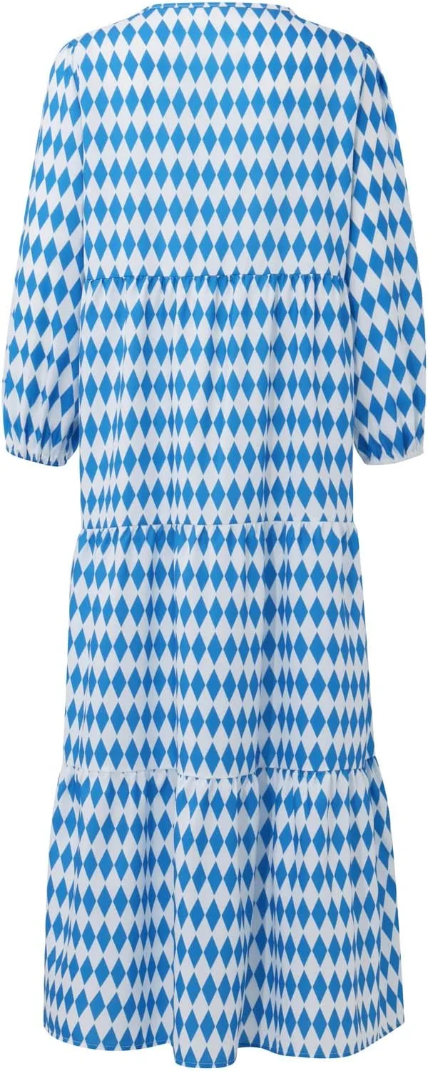 Boho Maxi Dresses for Women 2025 Casual Loose Fit Puff Sleeve Long Bohemian Dress Geometric V Neck Tiered Flowy Dress