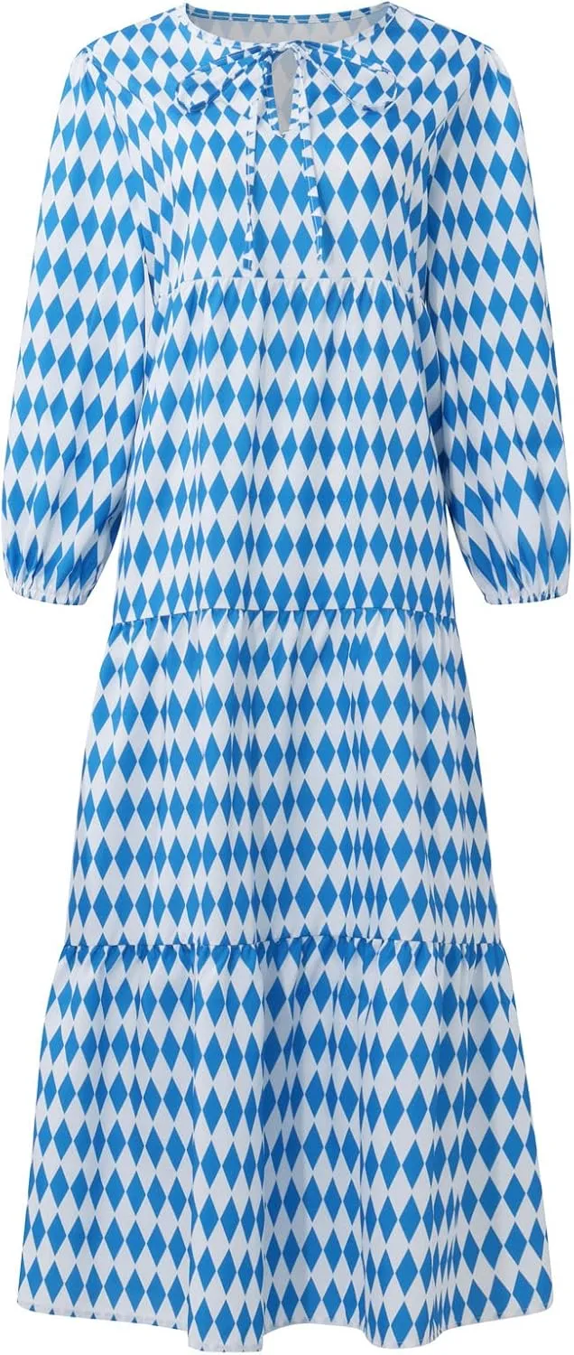 Boho Maxi Dresses for Women 2025 Casual Loose Fit Puff Sleeve Long Bohemian Dress Geometric V Neck Tiered Flowy Dress