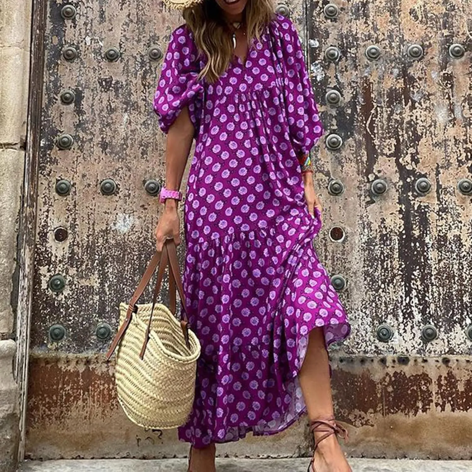 Boho Maxi Dresses for Women 2025 Casual Loose Fit Puff Sleeve Long Bohemian Dress Geometric V Neck Tiered Flowy Dress