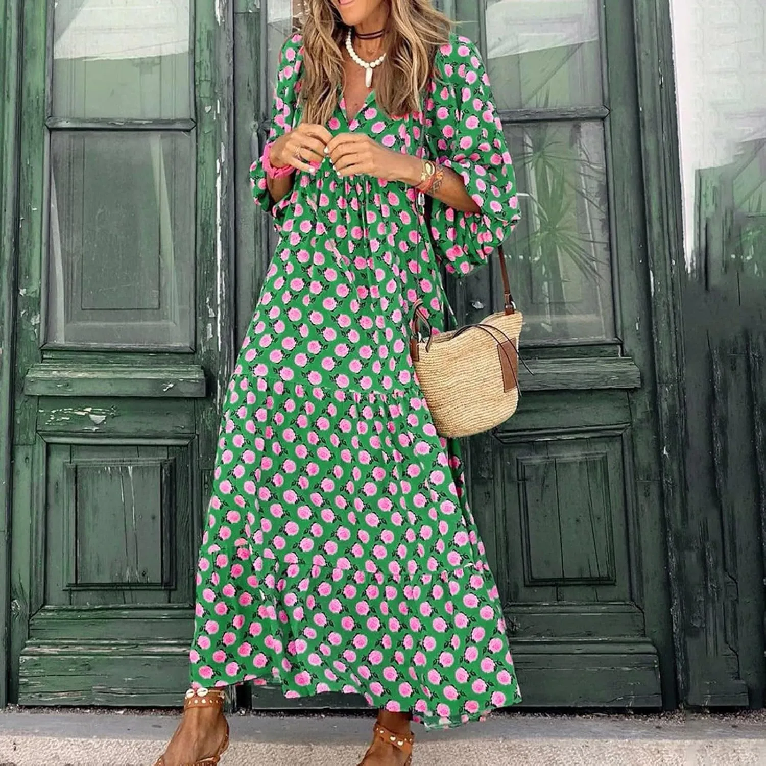 Boho Maxi Dresses for Women 2025 Summer Casual Bohemian Dress Pleated Tiered Dresses Long Flowy Dress Travel Outfit