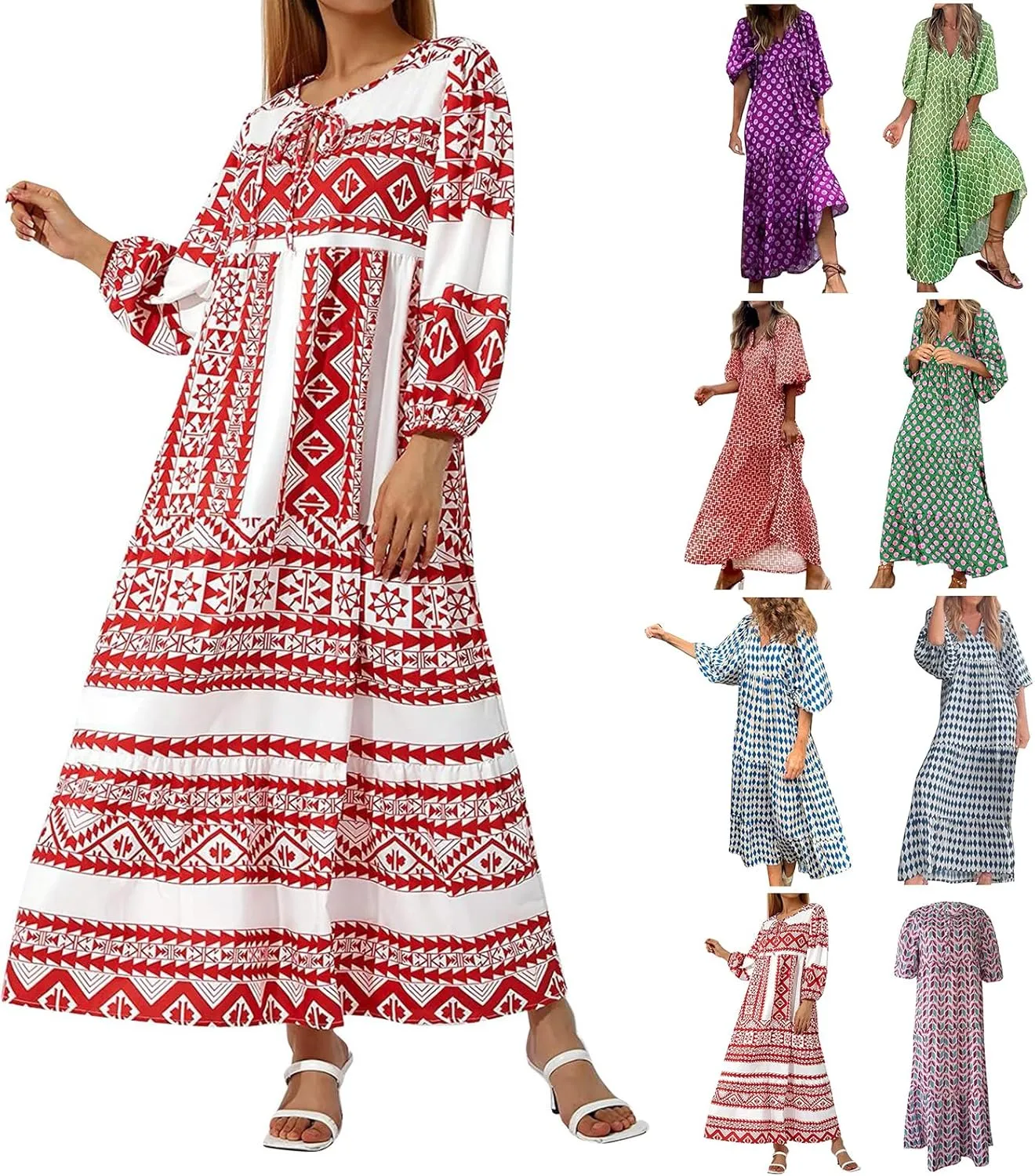 Boho Maxi Dresses for Women 2025 Summer Casual Bohemian Dress Pleated Tiered Dresses Long Flowy Dress Travel Outfit
