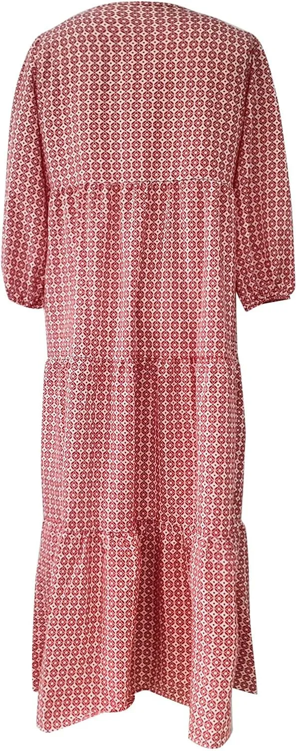 Boho Maxi Dresses for Women 2025 Summer Casual Bohemian Dress Pleated Tiered Dresses Long Flowy Dress Travel Outfit