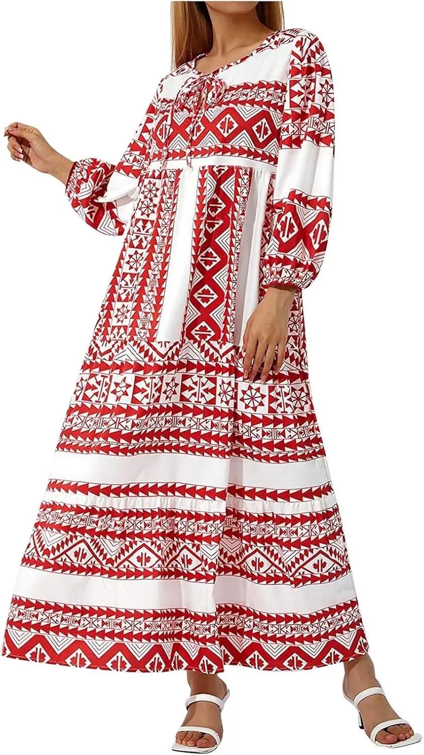 Boho Maxi Dresses for Women 2025 Summer Casual Bohemian Dress Pleated Tiered Dresses Long Flowy Dress Travel Outfit