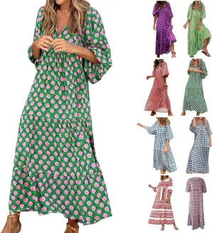 Boho Maxi Dresses for Women 2025 Summer Casual Bohemian Dress Pleated Tiered Dresses Long Flowy Dress Travel Outfit