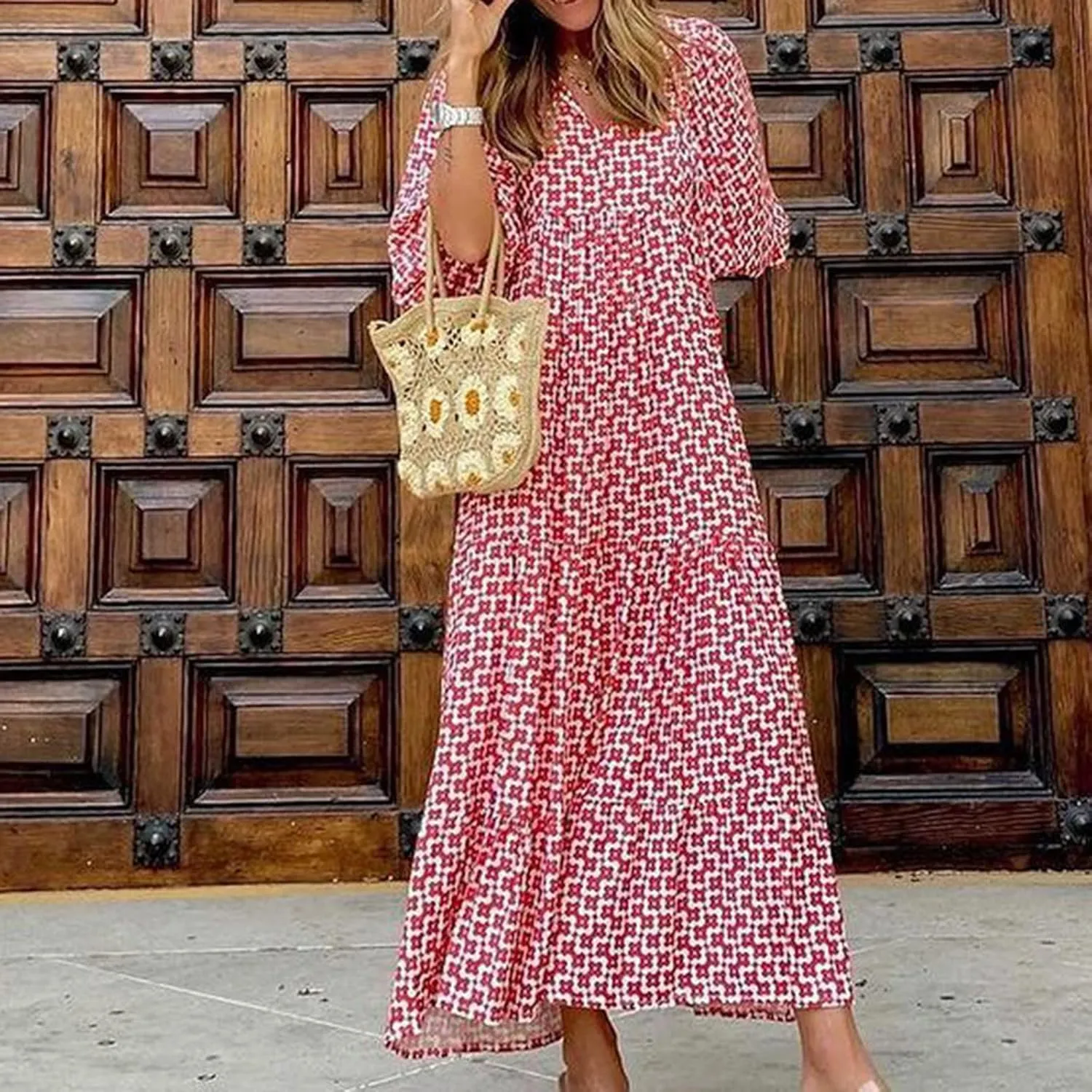 Boho Maxi Dresses for Women 2025 Summer Casual Bohemian Dress Pleated Tiered Dresses Long Flowy Dress Travel Outfit