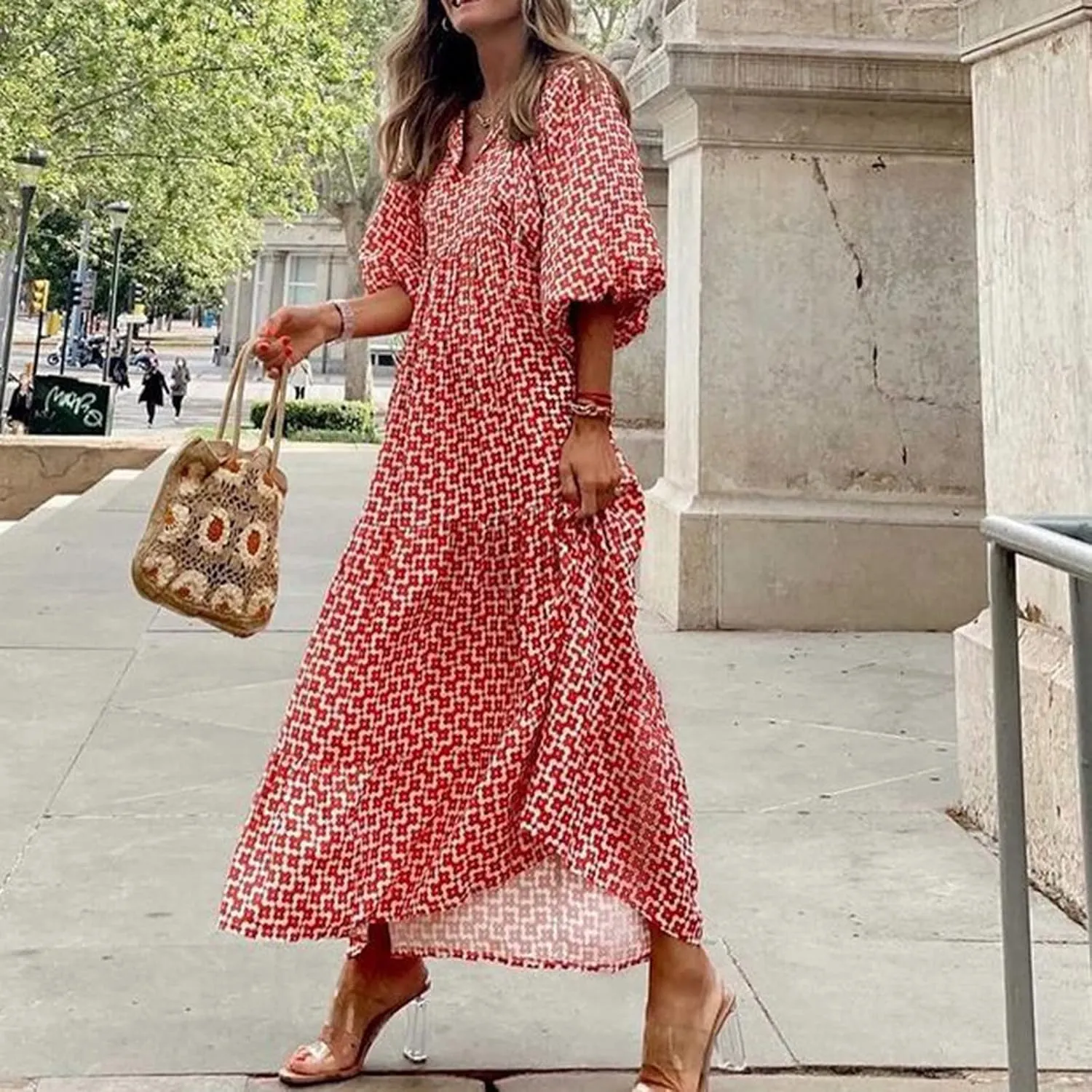 Boho Maxi Dresses for Women 2025 Summer Casual Bohemian Dress Pleated Tiered Dresses Long Flowy Dress Travel Outfit