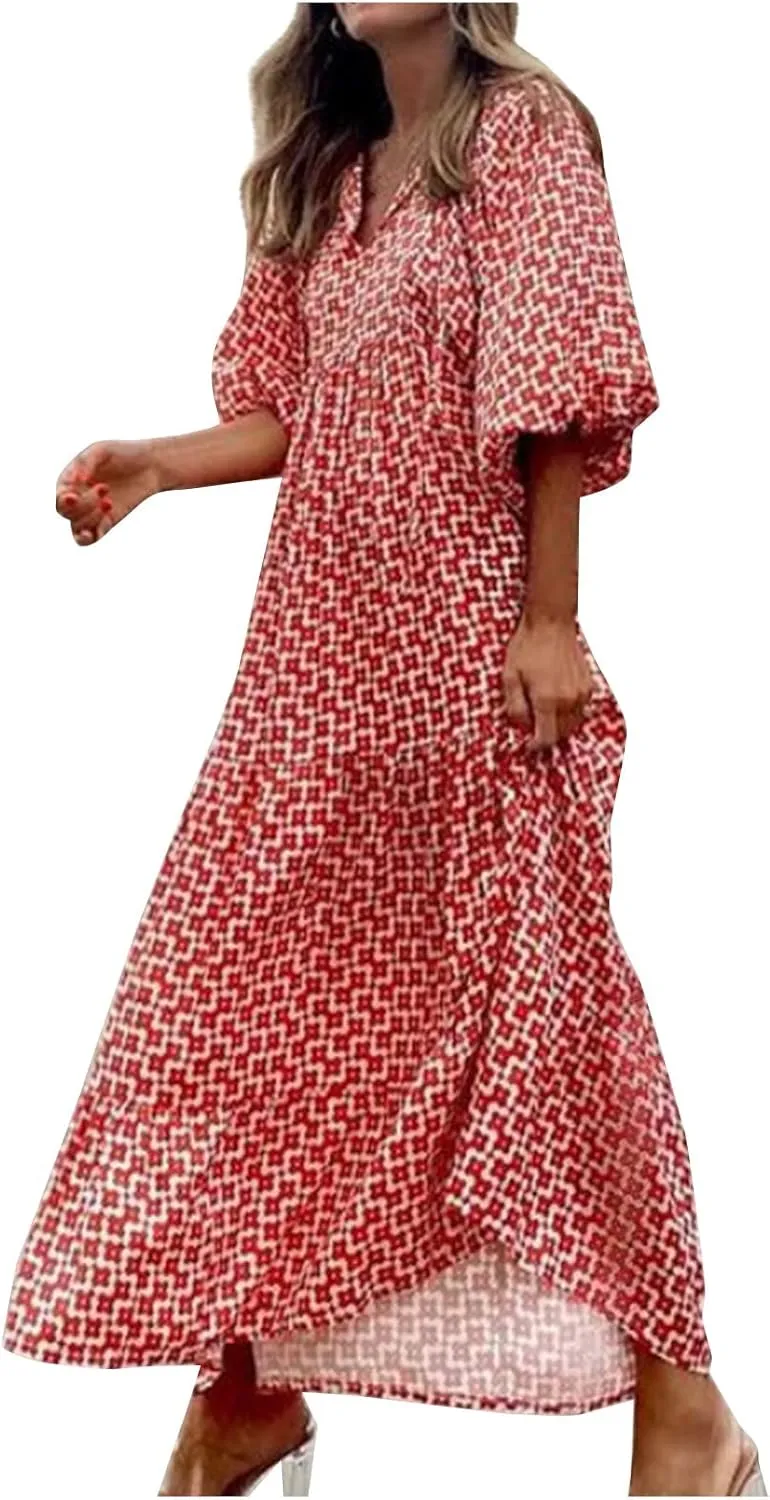 Boho Maxi Dresses for Women 2025 Summer Casual Bohemian Dress Pleated Tiered Dresses Long Flowy Dress Travel Outfit