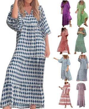 Boho Maxi Dresses for Women 2025 Summer Casual Bohemian Dress Pleated Tiered Dresses Long Flowy Dress Travel Outfit
