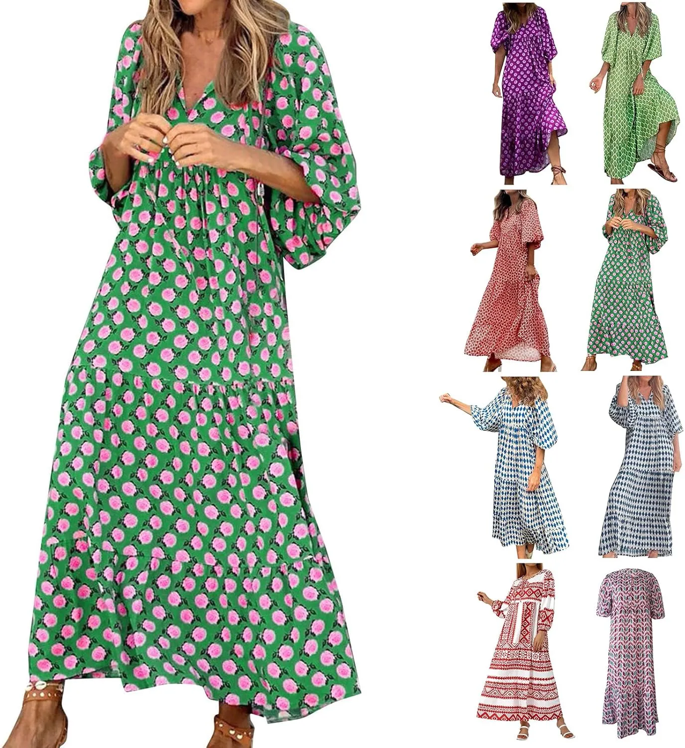 Boho Maxi Dresses for Women 2025 Summer Casual Bohemian Dress Pleated Tiered Dresses Long Flowy Dress Travel Outfit