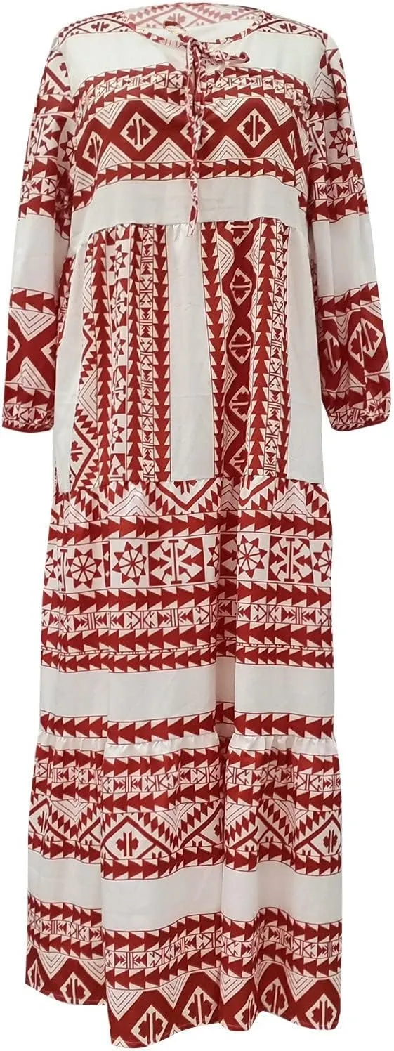 Boho Maxi Dresses for Women 2025 Summer Casual Bohemian Dress Pleated Tiered Dresses Long Flowy Dress Travel Outfit