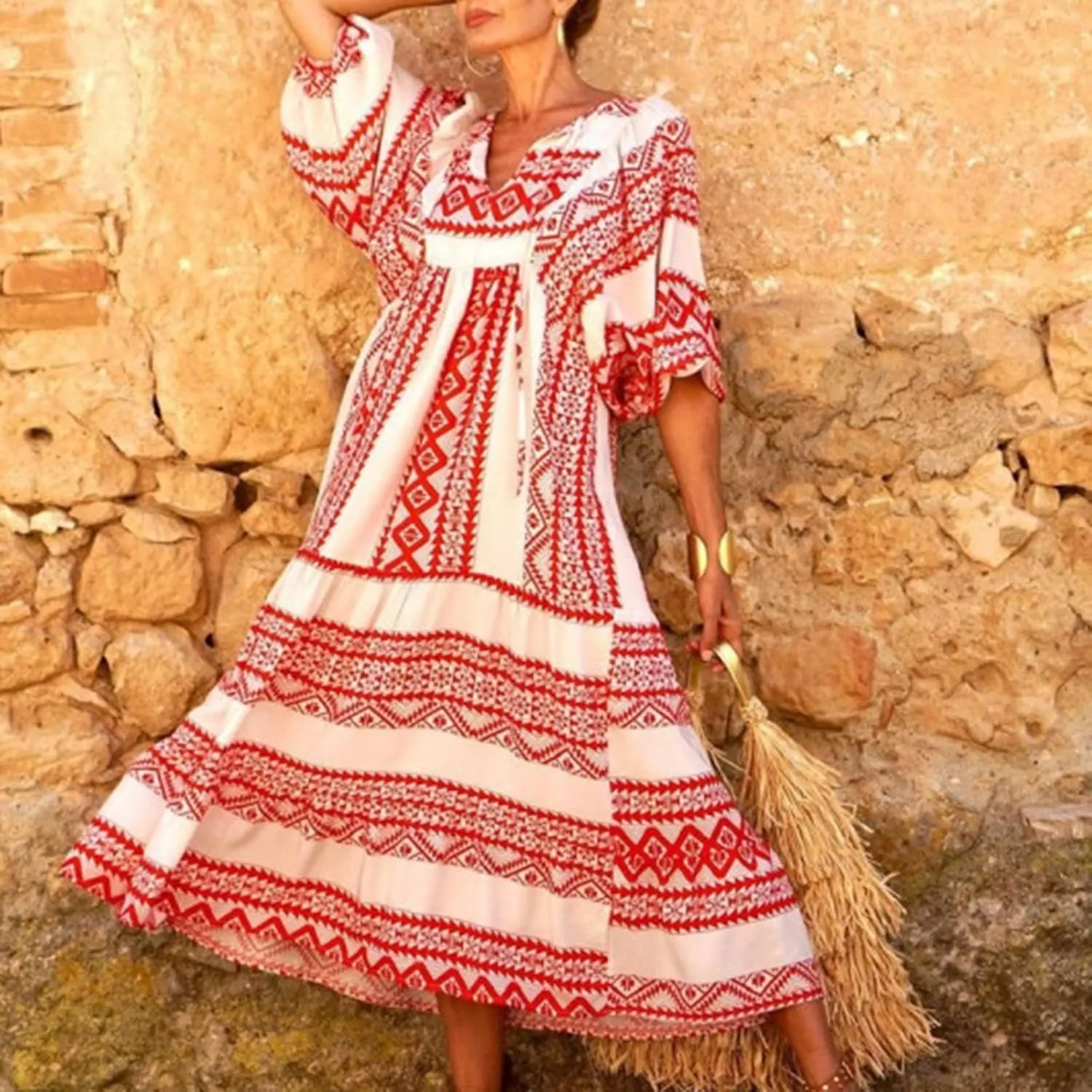 Boho Maxi Dresses for Women 2025 Summer Casual Bohemian Dress Pleated Tiered Dresses Long Flowy Dress Travel Outfit
