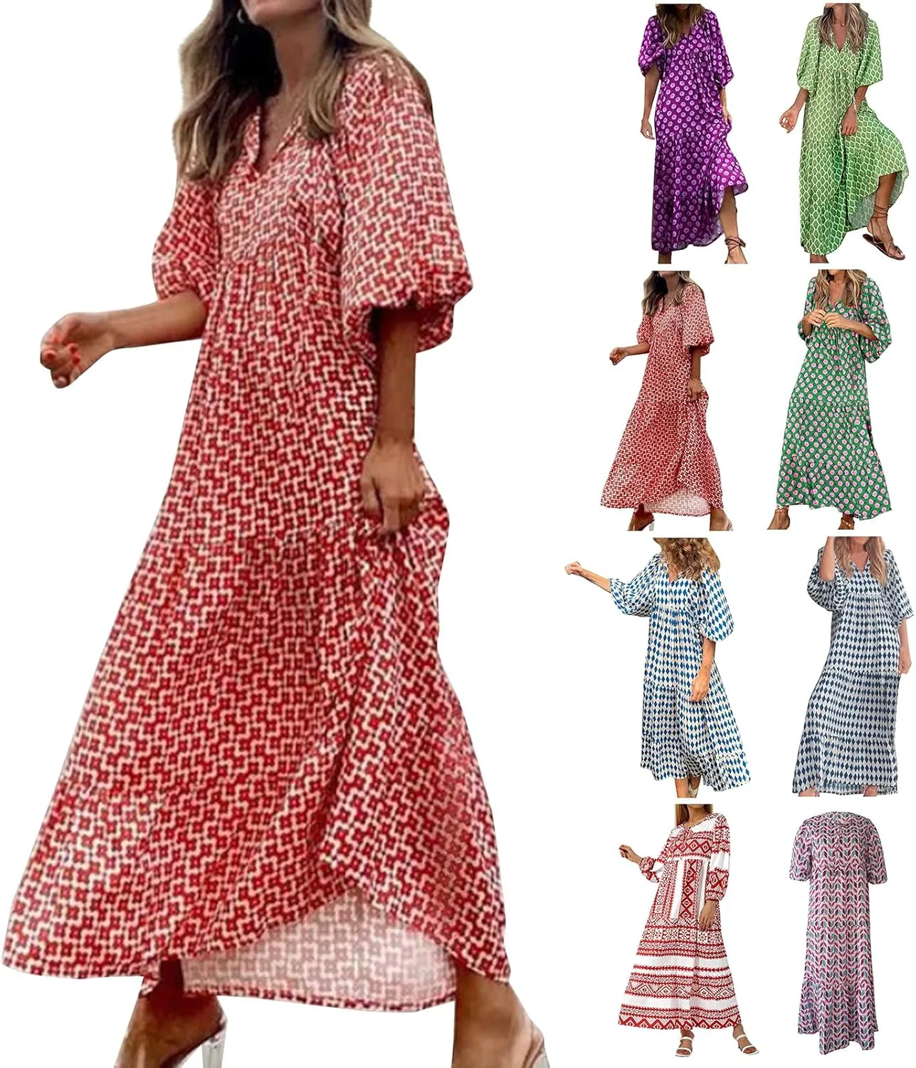 Boho Maxi Dresses for Women 2025 Summer Casual Bohemian Dress Pleated Tiered Dresses Long Flowy Dress Travel Outfit