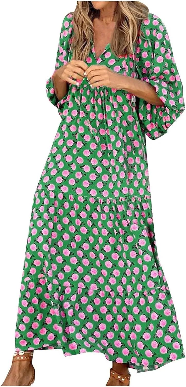 Boho Maxi Dresses for Women 2025 Summer Casual Bohemian Dress Pleated Tiered Dresses Long Flowy Dress Travel Outfit