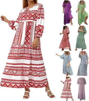 Boho Maxi Dresses for Women 2025 Summer Casual Bohemian Dress Pleated Tiered Dresses Long Flowy Dress Travel Outfit