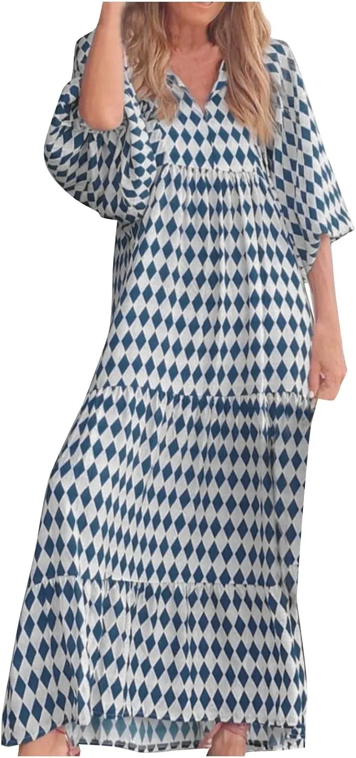 Boho Maxi Dresses for Women 2025 Summer Casual Bohemian Dress Pleated Tiered Dresses Long Flowy Dress Travel Outfit