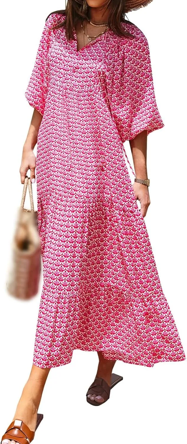 Boho Maxi Dresses for Women Fashion Floral V Neck Puff Half Sleeve Sundress Flowy Smocked Vacation Beach Long Dress