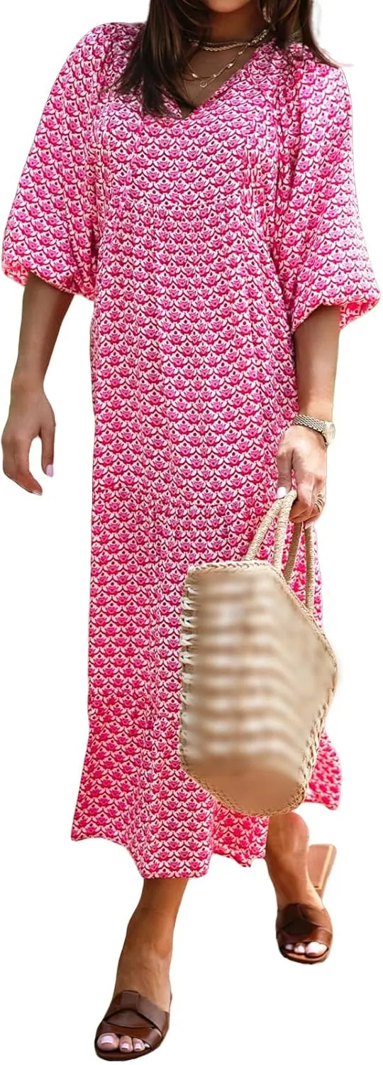 Boho Maxi Dresses for Women Fashion Floral V Neck Puff Half Sleeve Sundress Flowy Smocked Vacation Beach Long Dress