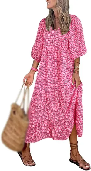 Boho Maxi Dresses for Women Fashion Floral V Neck Puff Half Sleeve Sundress Flowy Smocked Vacation Beach Long Dress