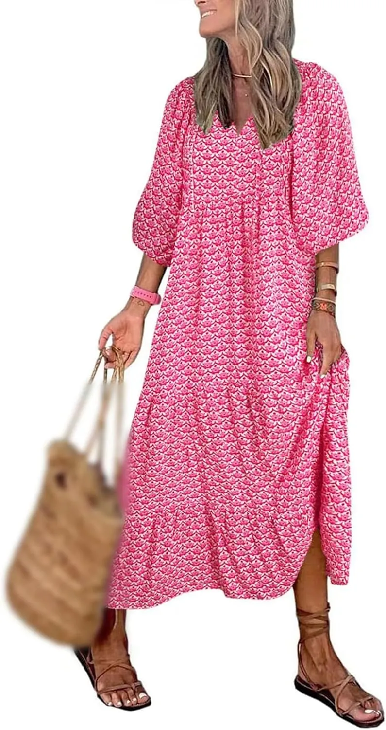 Boho Maxi Dresses for Women Fashion Floral V Neck Puff Half Sleeve Sundress Flowy Smocked Vacation Beach Long Dress