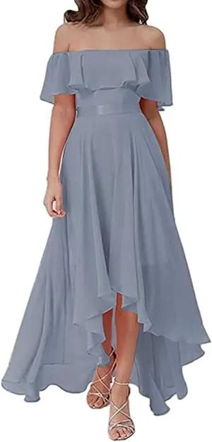 Bridesmaid Dresses Off The Shoulder Long Chiffon High Low A Line Women's Formal Evening Gowns Prom Dress Dusty Blue US4